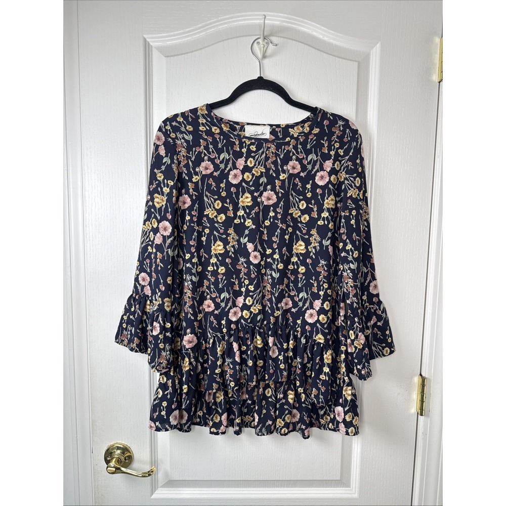 Magnolia Womens S Navy Floral Peplum Top Long Sleeve Boho Blouse